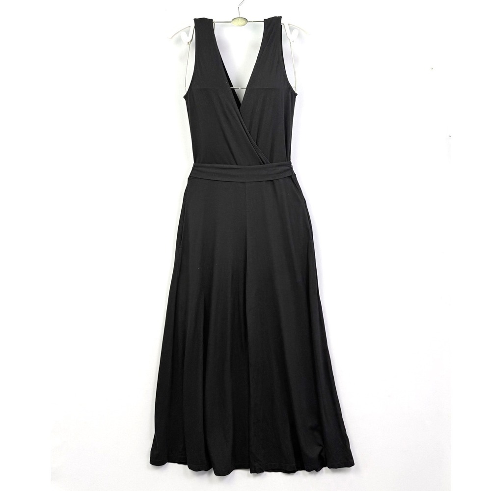 Mila Black Bamboo Cotton Wide Leg Surplice Wrap Jumpsuit Sleeveless Small USA